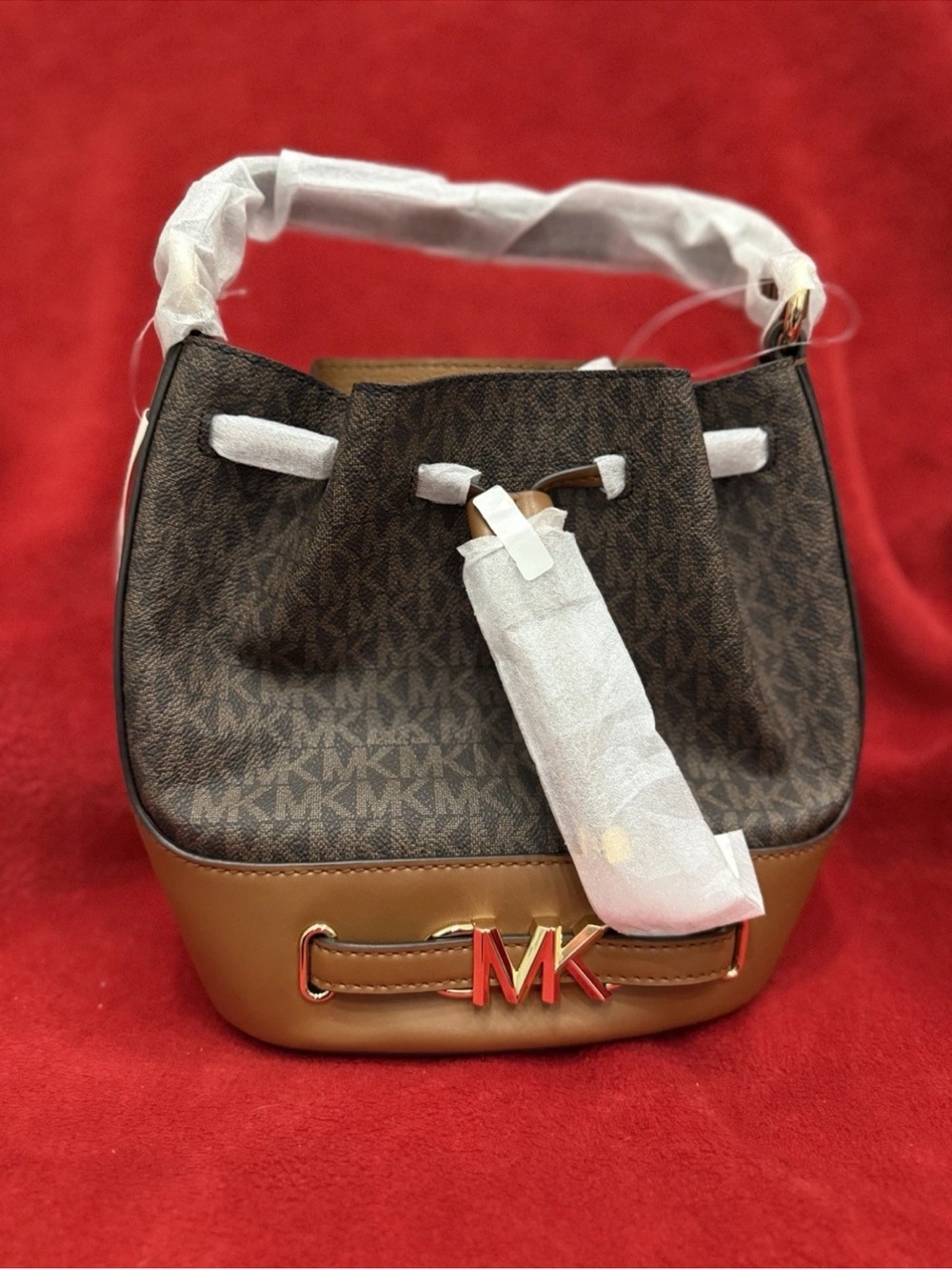 Michael Kors Brown and Tan Signature Drawstring Shoulder Bag